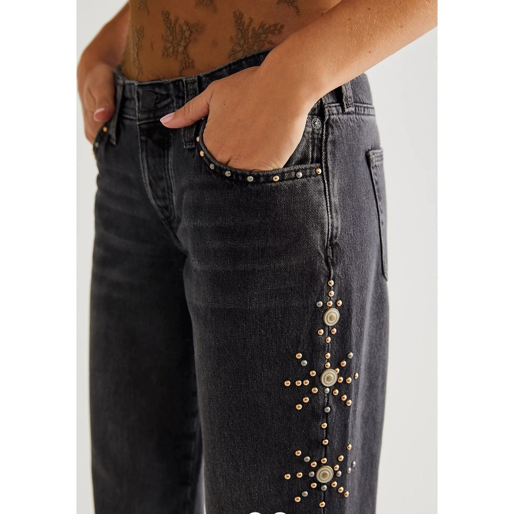 Free People Jeans 30 NEW Cooper Studded Boyfriend Mid Rise Whisker Black Beaded